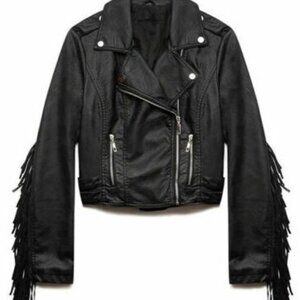 Black leather fringe jacket western style